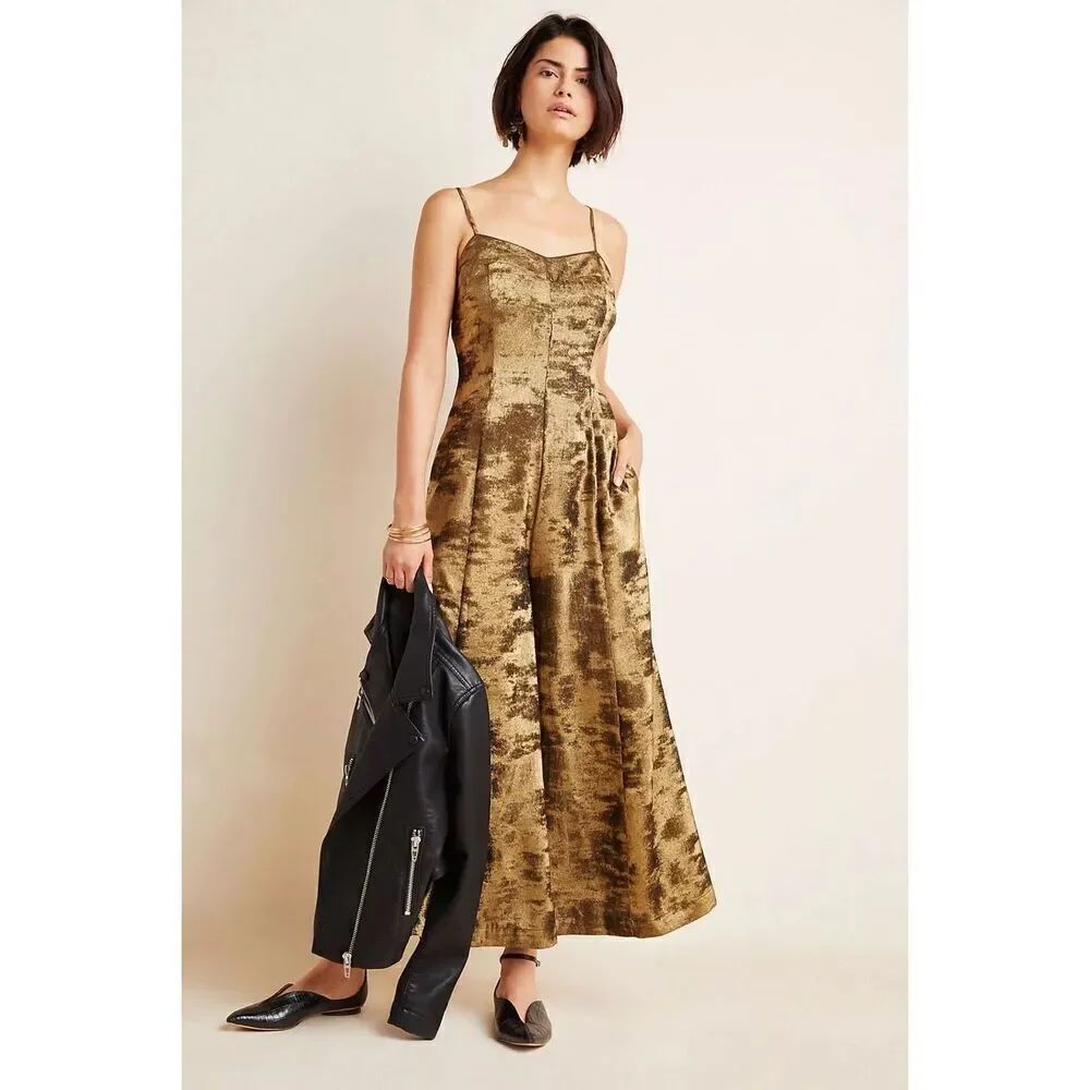 Anthropologie Women’s Erika Metallic Satin Burnout Spaghetti Strap Wide Leg Jump